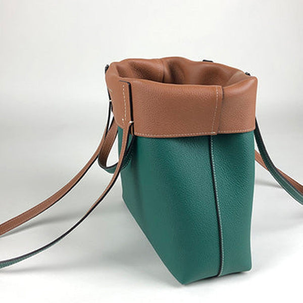 Cute Womens Green&Brown Leather Shoulder Tote Bag Best Tote Handbag Shopper Bag Purse for Ladies