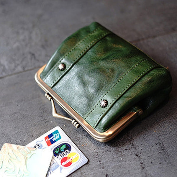Vintage Women Green Leather Billfold Wallet Frame Clasp Coin Wallet Change Wallet For Women