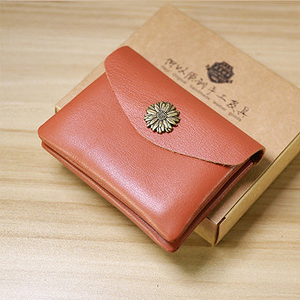 Slim Women Light Brown Sunflower Leather Card Wallet Minimalist Envelope Card Holder Wallet Coin Wallet For Women