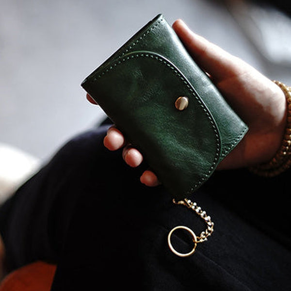Cute Women Green Leather Mini Wallet with Keychain Billfold Minimalist Coin Wallet Small Zip Change Wallet For Women