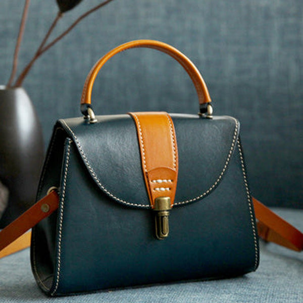Handmade Women's Blue Leather Handbags Purse Vintage Small Handbag Shoulder Bag Purse