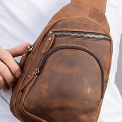 One Shoulder Backpack For Men Vintage Brown Leather Chest Bag Cool Sling Bags Crossbody Sling Bag