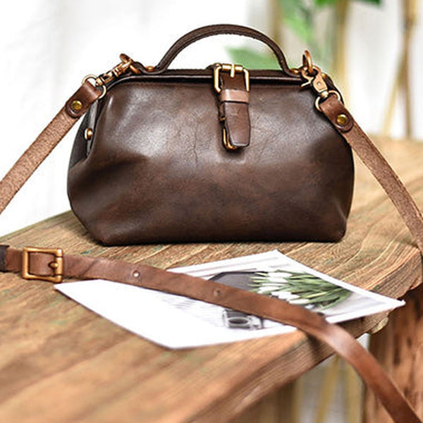 Womens Coffee Leather Doctor Handbag Purses Vintage Coffee Doctor Side Purses for Women