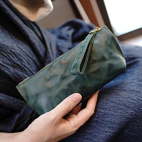 Vintage Green Leather Wristlet Wallet Womens Zip Around Wallets Green Ladies Zipper Clutch Wallet for Women