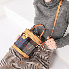 Cute Womens Black Leather Tweed Bucket Handbag Barrel Crossbody Purse Handmade Round Shoulder Bag for Women