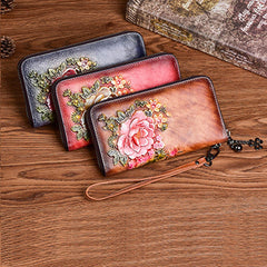 Vintage Flowers Leather Wristlet Wallet Womens Zip Around Wallets Flowers Ladies Zipper Clutch Wallet for Women