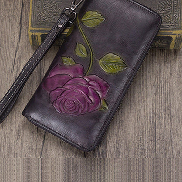 Vintage Rose Flower Gray Leather Wristlet Wallet Womens Rose Zip Around Wallets Flower Ladies Zipper Clutch Wallet for Women