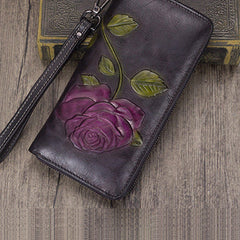 Vintage Rose Flower Gray Leather Wristlet Wallet Womens Rose Zip Around Wallets Flower Ladies Zipper Clutch Wallet for Women