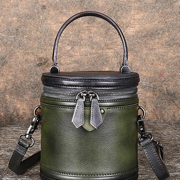 Green Leather Womens Bucket Handbag Barrel Shoulder Bag Crossbody Purse for Ladies