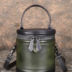 Green Leather Womens Bucket Handbag Barrel Shoulder Bag Crossbody Purse for Ladies