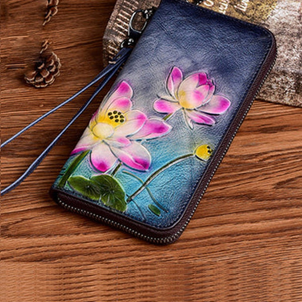 Womens Lotus Flowers Gray Leather Wristlet Wallets Zip Around Wallet Flowers Ladies Zipper Clutch Wallet for Women