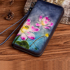 Womens Lotus Flowers Gray Leather Wristlet Wallets Zip Around Wallet Flowers Ladies Zipper Clutch Wallet for Women