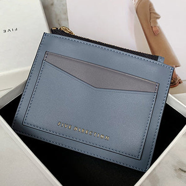 Cute Women Gray Blue Vegan Leather Card Holders Slim KeyChain Card Wallet Zip Change Wallet For Women