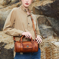Brown Leather Womens Barrel Handbag Handmade Barrel Handbag Crossbody Purse for Ladies