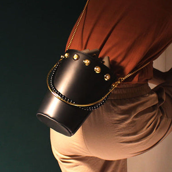 Cute Womens Black Leather Barrel Chain Crossbody Purse Bucket Round Chain Shoulder Bag for Women