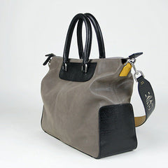 Classic Large Womens Gray&Black Leather Work Handbag Purse Leather Shoulder Purse Bag for Ladies