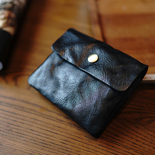 Vintage Womens Black Leather Billfold Wallet Small Wallet with Coin Pocket Mini Envelope Wallet for Ladies
