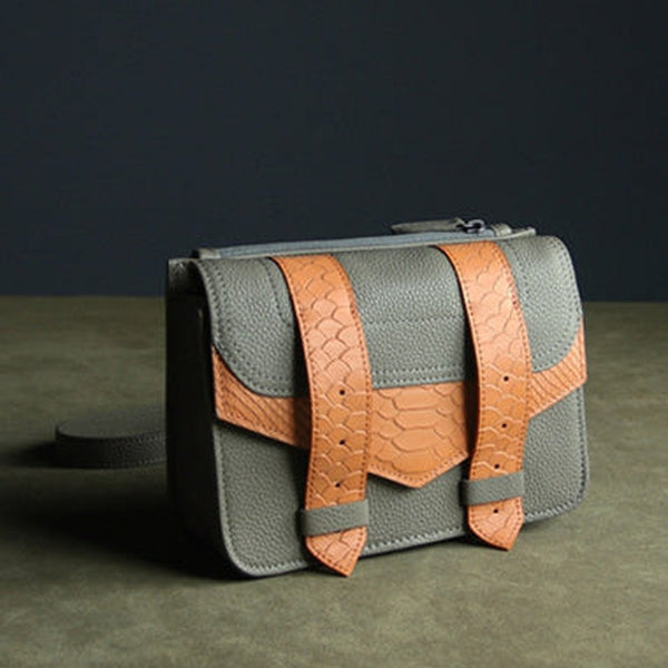 Cute Womens Gray&Orange Leather Shoulder Purse Small Leather Shoulder Bag Crossbody Purse for Ladies