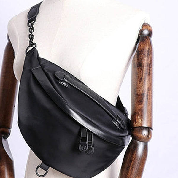 Womens Black Nylon Leather Fanny Pack Nylon Chest Bag Black Womens Hip Bag Waist Bag For Women