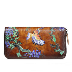 Womens Wisteria Flower Brown Leather Zip Around Wallet Wristlet Wallet Flower Ladies Zipper Clutch Wallet for Women