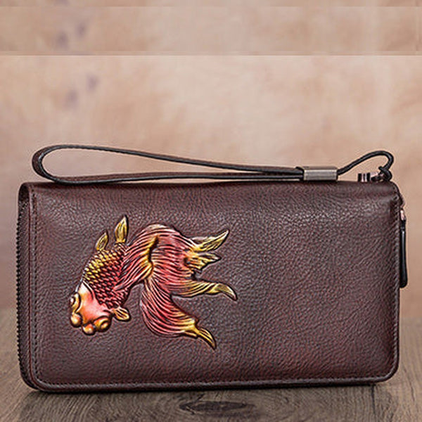 Goldfish Coffee Leather Wristlet Wallets Womens Zip Around Wallet Ladies Zipper Clutch Wallets for Women