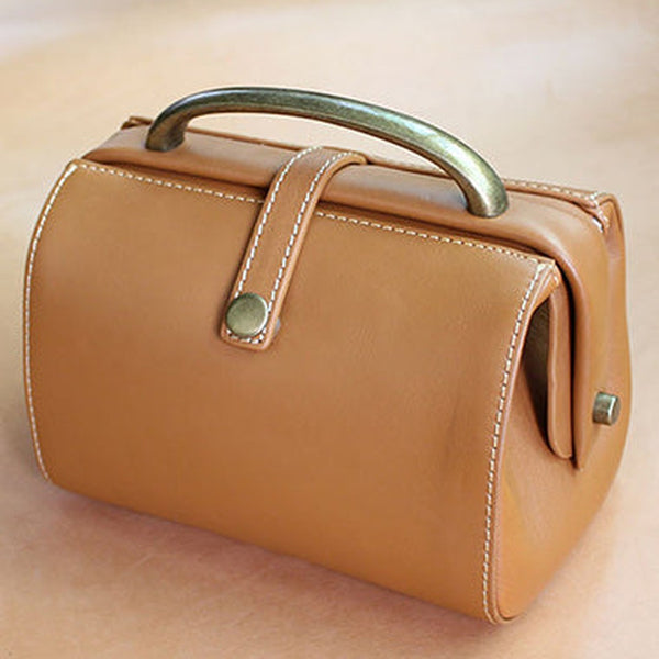 Handmade Womens Tan Leather Mini Doctor Handbags Shoulder Purses Tan Doctor Purses for Women
