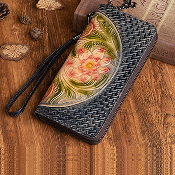 Vintage Floral Black Leather Wristlet Wallet Womens Flower Zip Around Wallets Floral Ladies Zipper Clutch Wallets for Women