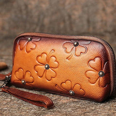 Handmade Clover Brown Leather Wristlet Wallets Womens Zip Around Wallet Ladies Cute Clutch Wallet for Women