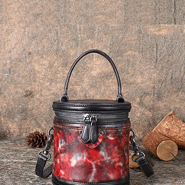 Womens Red Leather Barrel Handbag Purses Vintage Handmade Round Shoulder Bag Bucket Crossbody Handbag for Women