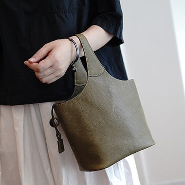 Vintage Green Leather Small Bucket Handbag Women Handmade Small Barrel Bag for Women