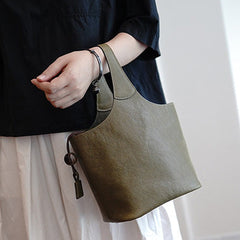 Vintage Green Leather Small Bucket Handbag Women Handmade Small Barrel Bag for Women