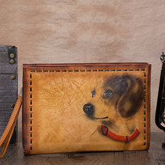 Vintage Handmade Tan Leather Wristlet Wallet Womens Dog Large Zip Purse Zipper Clutch Bag for Women