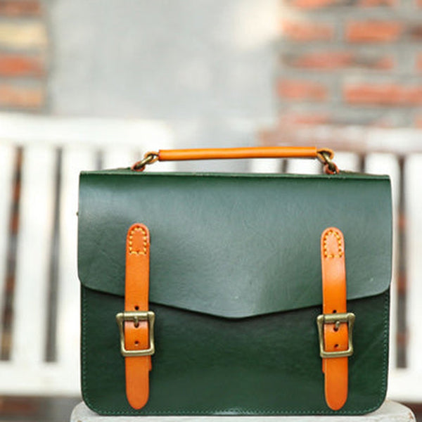 Womens Handmade Green Leather Satchel Handbag Cambridge Structured Satchel Shoulder Purse