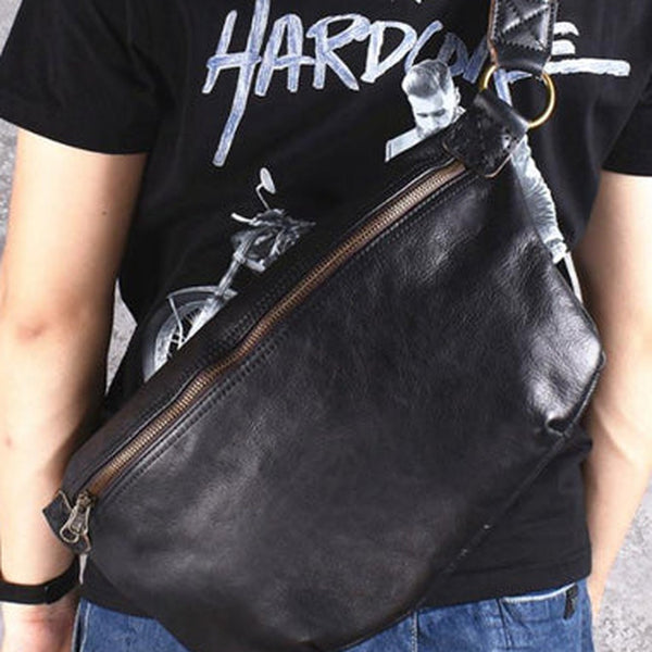 Black Leather Mens Large Sling Bag Leather Sling Pack Postman Bag Fanny Pack Shoulder Bag For Men