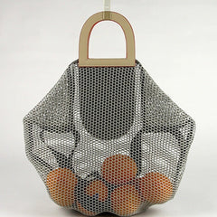Womens Light Gray Net Polyester Leather Tote Handbag Purse Polyester Tote Shoulder Bag Purse for Ladies