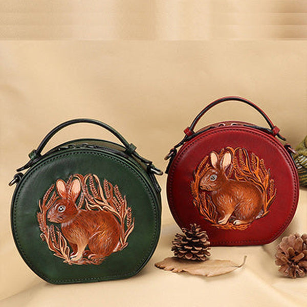 Vintage Womens Leather Round Handbag Bunny Crossbody Purse Cutest Round Shoulder Bags for Women