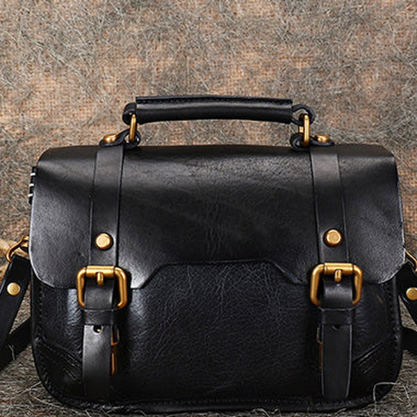 Handmade Black Leather Womens Satchel Shoulder Bag Small School Handbag Crossbody Purses for Ladies