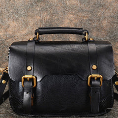Handmade Black Leather Womens Satchel Shoulder Bag Small School Handbag Crossbody Purses for Ladies