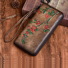 Handmade Womens Coffee Leather Plum Blossom Flowers Wristlet Wallet Zip Around Wallet Ladies Zipper Clutch Wallet for Women