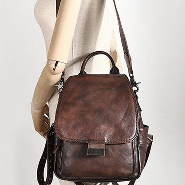 Handmade Convertible Leather Backpacks Womens Best Coffee Leather Shoulder Purse School Rucksack