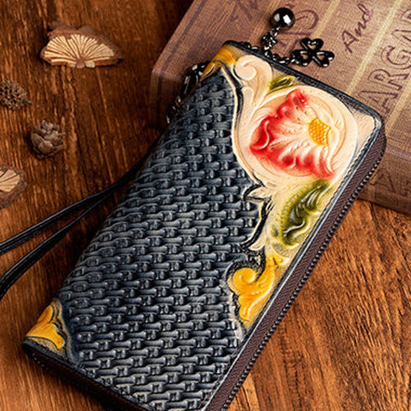 Handmade Flowers Black Leather Wristlet Wallet Womens Floral Zip Around Wallets Flowers Ladies Zipper Clutch Wallet for Women
