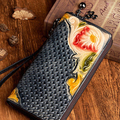 Handmade Flowers Black Leather Wristlet Wallet Womens Floral Zip Around Wallets Flowers Ladies Zipper Clutch Wallet for Women