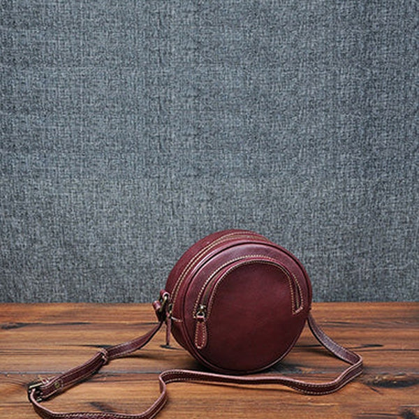Cute Womens Small Red Leather Round Crossbody Purse Vintage Round Red Shoulder Bag for Women