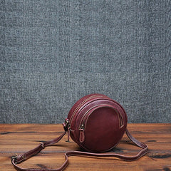 Cute Womens Small Red Leather Round Crossbody Purse Vintage Round Red Shoulder Bag for Women