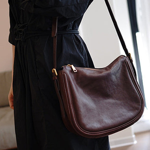 Cute Coffee Leather Saddle Shoulder Bag Women Saddle Crossbody Bag for Women