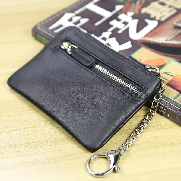 Cute Women Coffee Leather Mini Zip Billfold Wallet with Keychain Navy Coin Wallet Small Zip Change Wallet For Women