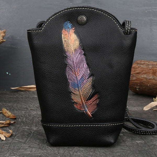 Vintage Womens Black Leather Shoulder Bucket Bag leather phone Bucket bag for women Side bag crossbody bag