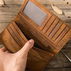 Vintage Slim Cool Mens long Wallet Leather Wallet Bifold Long Wallets for Men