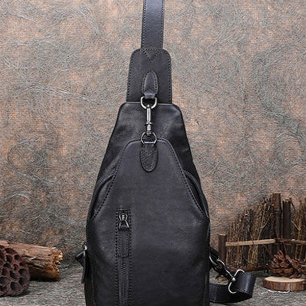Black Gray Mens Sling Bag Vintage Leather Chest Bag Crossbody Pack for Men