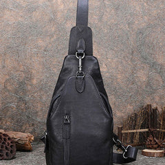 Black Gray Mens Sling Bag Vintage Leather Chest Bag Crossbody Pack for Men